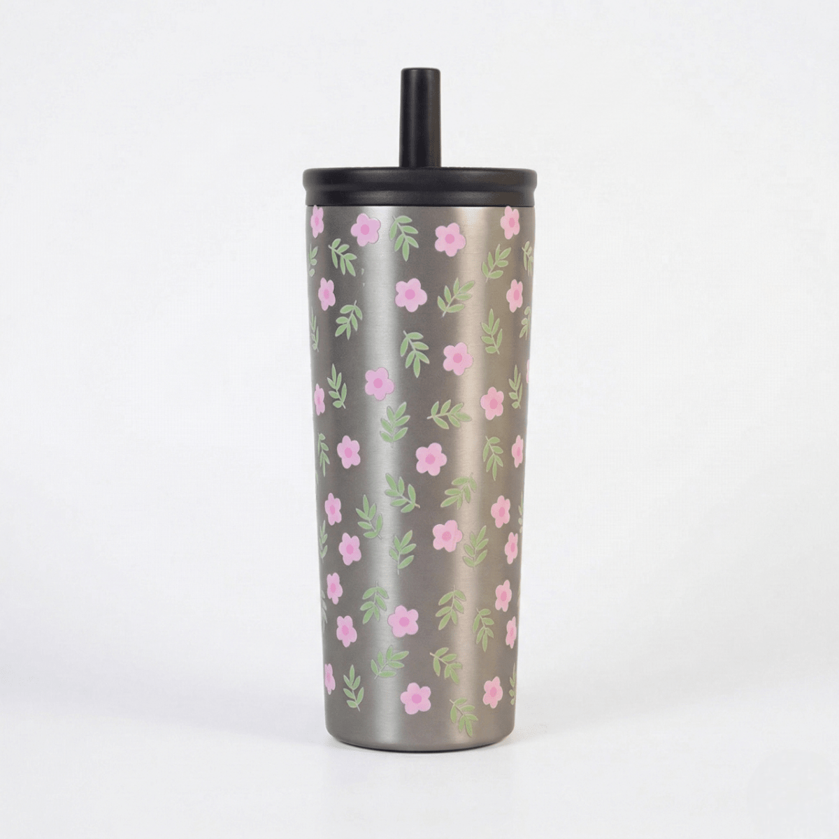 Floral Stainless Steel Tumbler with Straw - Memories InsiteFLORAL STAINLESS STEEL TUMBLER WITH STRAW